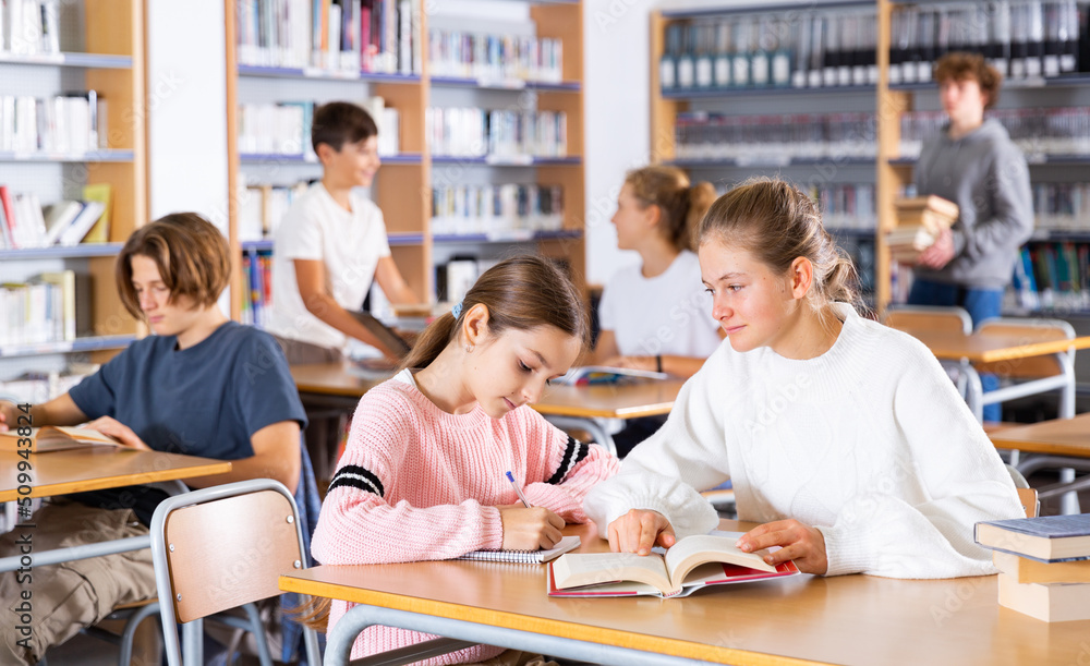 Fototapeta premium Two schoolgirls, who are engaged in lessons in the school library, write in a exercise book an outline of the necessary ..material from the textbook