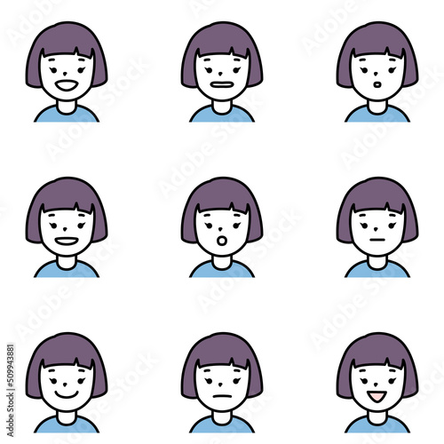 「あ・い・う・え・お・ん」等いろんな口の形の女性のイラストセット（白背景・ベクター・切り抜き）