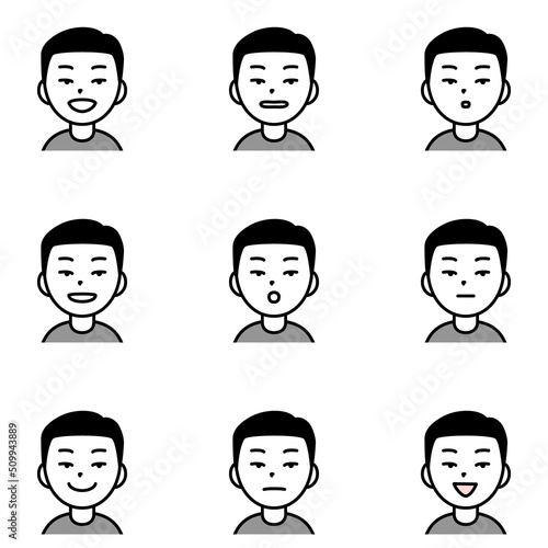 「あ・い・う・え・お・ん」等いろんな口の形の男性のイラストセット（白背景・ベクター・切り抜き）