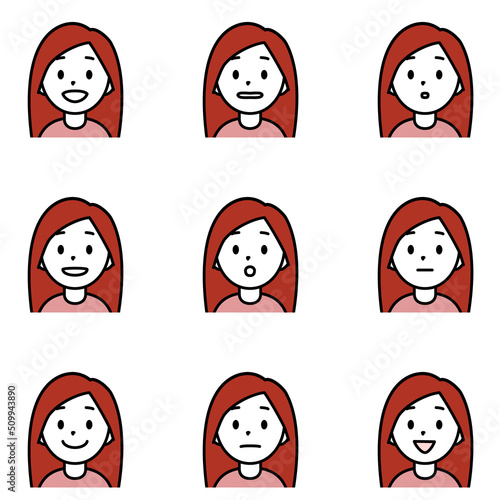 「あ・い・う・え・お・ん」等いろんな口の形の女性のイラストセット（白背景・ベクター・切り抜き）