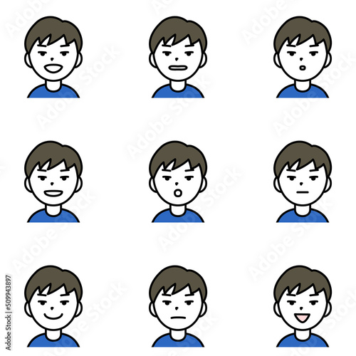 「あ・い・う・え・お・ん」等いろんな口の形の男性のイラストセット（白背景・ベクター・切り抜き）