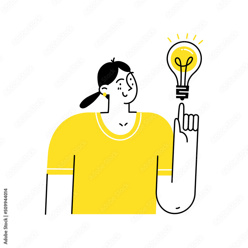 Young woman character standing with light bulb. Girl having business idea. Young woman character standing with light bulb. Girl having business idea.