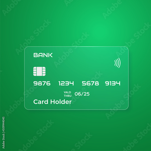 Transparent credit card in glass morphism style. Place for your texts and images. Vector illustration.