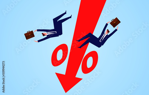 Declining productivity labor force, shrinking revenue and profit, fiscal revenue and expenditure, businessman falling with falling percentage sign arrow