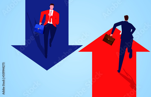 Businessman running hard on two arrows in different directions, different career and business development directions, different opportunities and plans