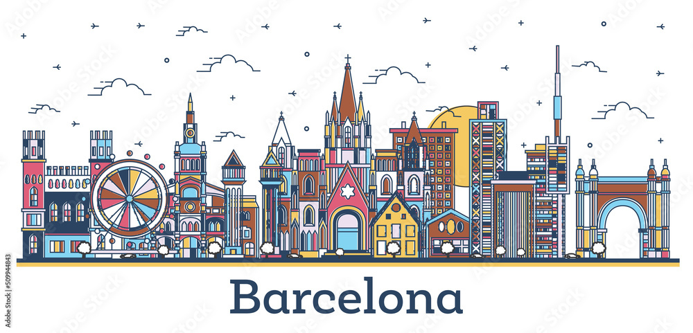 Outline Barcelona Spain City Skyline with Colored Historic Buildings Isolated on White.