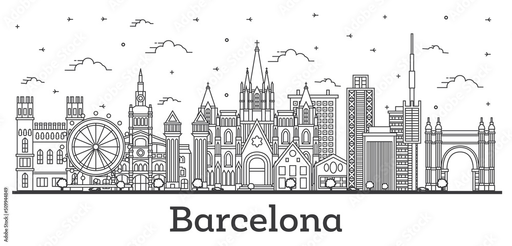 Outline Barcelona Spain City Skyline with Historic Buildings Isolated on White.
