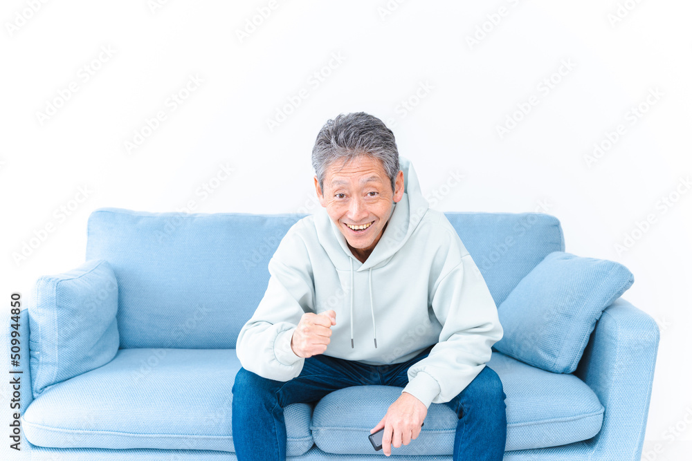 自宅のテレビでスポーツ観戦をする高齢の男性 自宅のテレビでスポーツ観戦をする高齢の男性