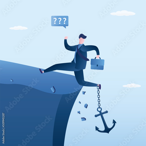 Big anchor pulls businessman into abyss. Insurmountable obstacles, difficulties, debts. Male entrepreneur cannot run away from business problems. Money gap or debt hole.