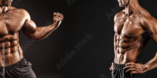 the very muscular handsome sexy guy on black background, naked torso © zamuruev