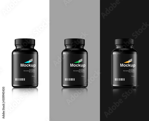 Black bottle mockup on different backgrounds. Vector illustration. Perfect for medical, cosmetic, pharmacy products. EPS10.	