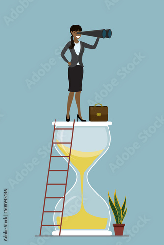 Time management, deadline, concept. Vertical banner. Businesswoman standing on hourglass and looking in binoculars. Female employee planning office time. Business vision.