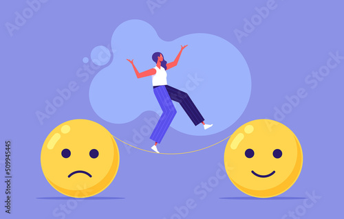 Emotional balance and harmony. Woman walks on thin rope to positive feeling. Metaphor for getting rid of negativity and improving mental state. flat vector illustration