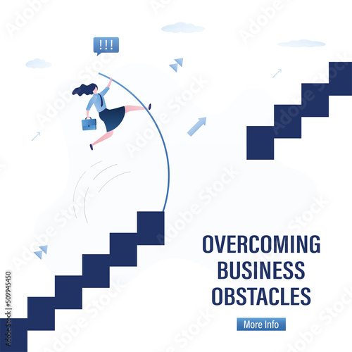 Confident businesswoman pole vaulting cross over financial gap. Strong woman jumps over stairway with pole. Way forward overcoming obstacles, discrimination or mental problems.