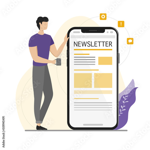 Flat design with a man holding a cup of coffee while reading a newsletter photo