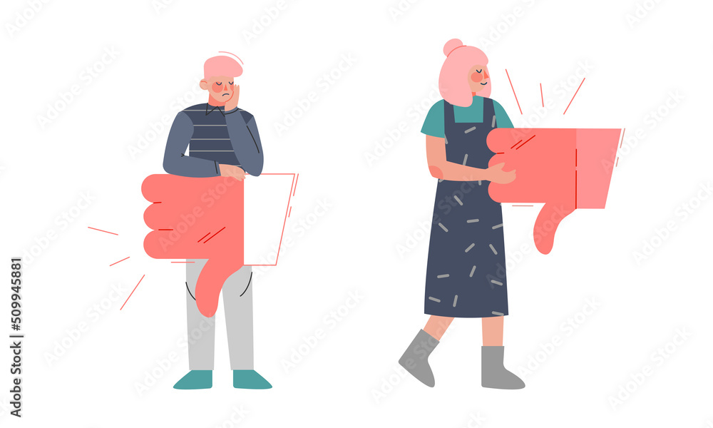Male and Female Holding Thumb Down Sign as Notification of Disapproval Vector Set Male and Female Holding Thumb Down Sign as Notification of Disapproval Vector Set