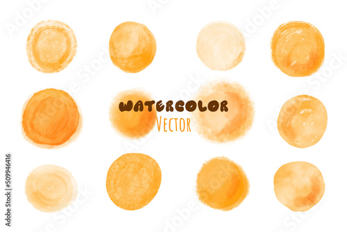 Yellow watercolor circle stain set. Aquarelle orange spots. Round shape watercolour blots. Vector illustration isolated on white background