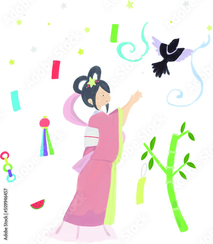 七夕の夜カササギを送り出す織姫のセットイラスト【7月】