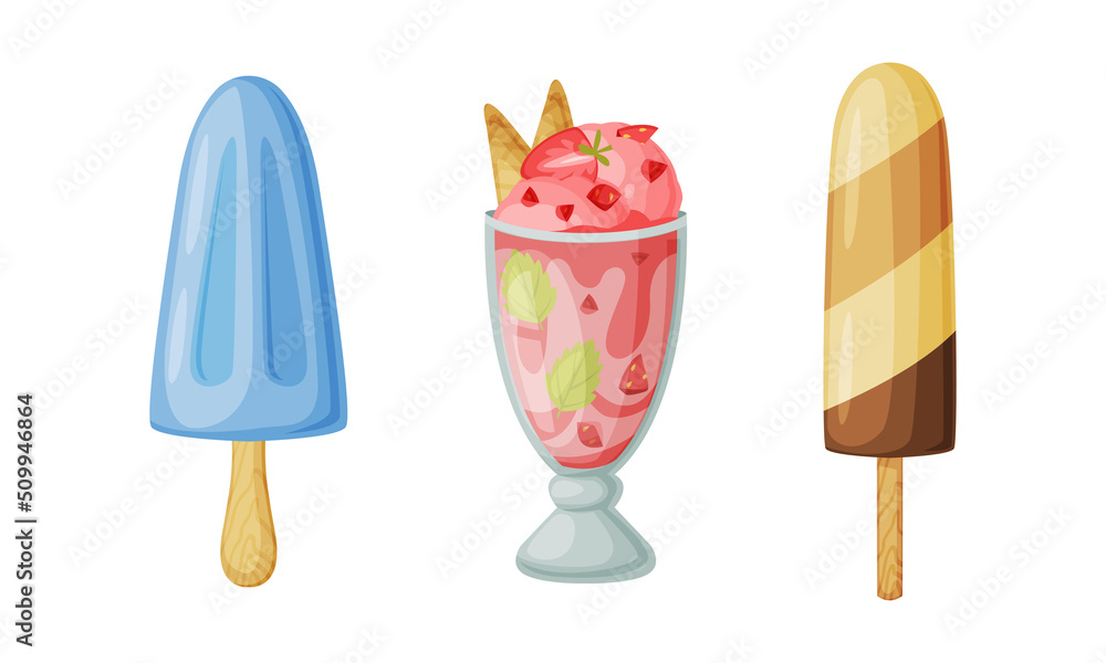 Ice Cream in Glass Bowl and on Stick as Frozen Dessert and Sweet Snack Vector Set Ice Cream in Glass Bowl and on Stick as Frozen Dessert and Sweet Snack Vector Set