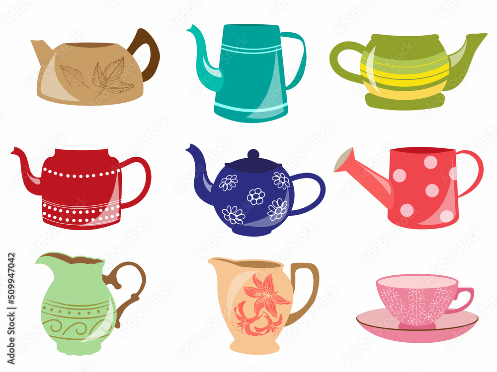vector art of tea set of dishes, sticker, icon clipart