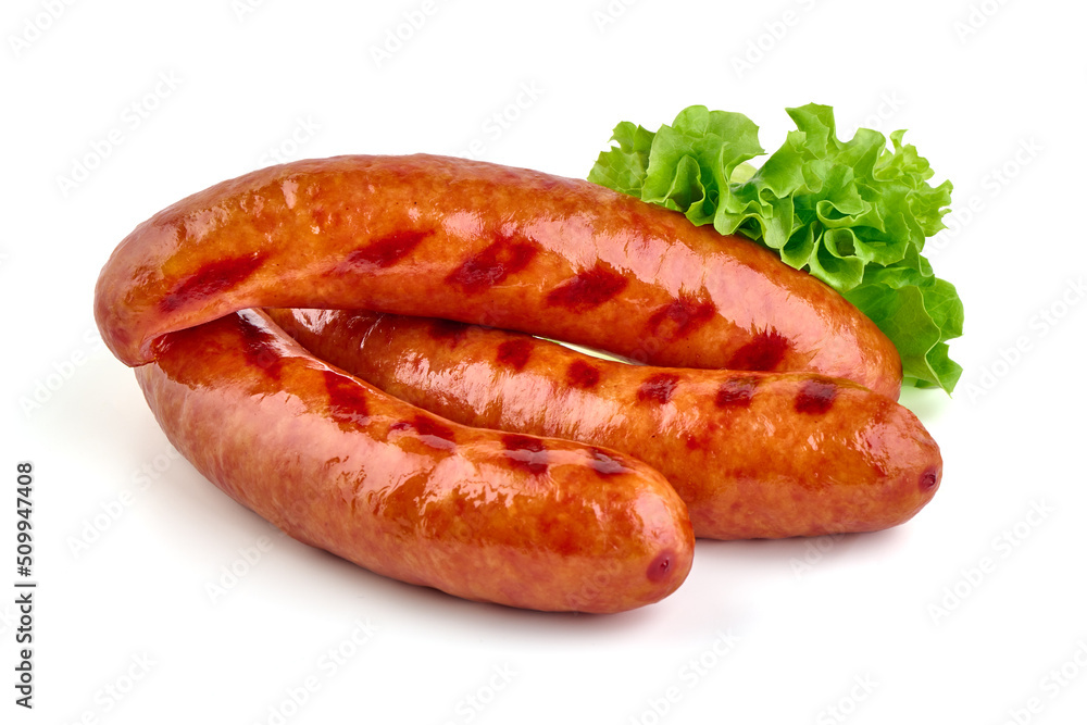 Grilled pork sausages, isolated on white background. Grilled pork sausages, isolated on white background.