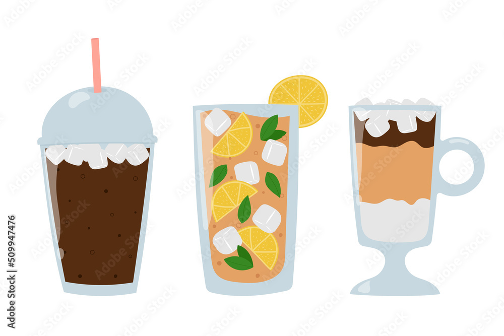 Set of refreshing summer drinks. Cartoon iced coffee, iced latte and cold tea with ice cubes. Set of refreshing summer drinks. Cartoon iced coffee, iced latte and cold tea with ice cubes.