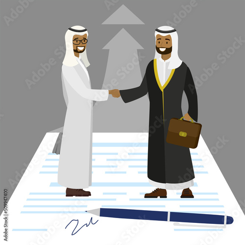 Arabic Businessmen approved good deal. New project development. Two muslim entrepreneurs shake hands after successful negotiations. Signed paper contract. Agreement, corporation relationship.