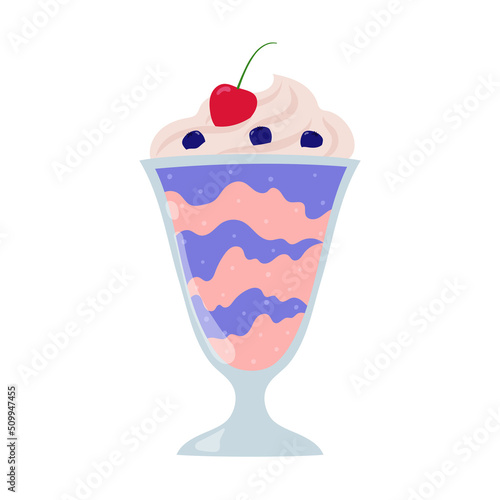 Cherry and bilberry milkshake. Cartoon summer dessert with cream. Isolated vector illustration. 