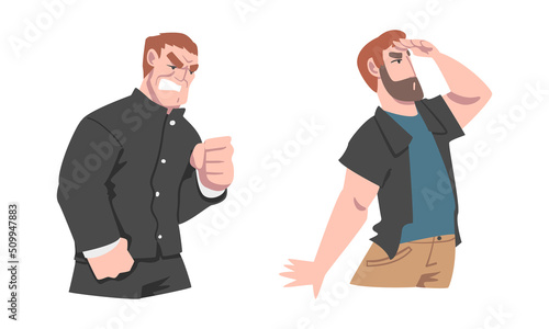 Man Different Emotion Feeling Angry Clenching Fists and Looking Ahead Vector Set