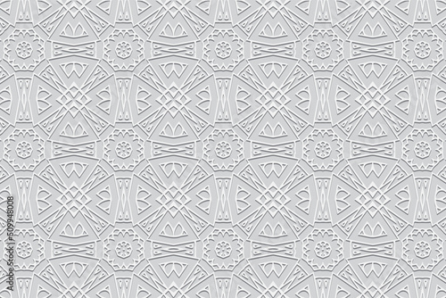 Light background, trendy cover design. Geometric 3D relief pattern. Modern motifs in the handmade style of the peoples of the East, Asia, India, Mexico, Aztecs, Peru.