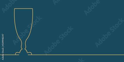 A goblet or two face profile view. Optical illusion. Human head make silhouette of wineglass. Thin line style
