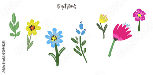 Set of vector bright flowers and leaves