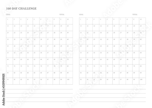 Note, scheduler, diary, planner document template illustration. 100 Day Challenge
