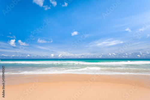 Ocean Beach with blue sky on a sunny day at the summer sea of Thailand. Empty sea with blue sky on summer season at Karon beach Phuket, Thailand.