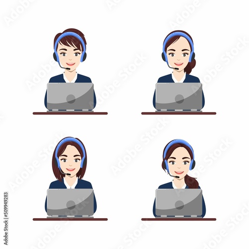 Hotline Call center. woman at support department. Office workers in headphones with microphone. Operator online help, advises customers, feedback concept. Vector illustration