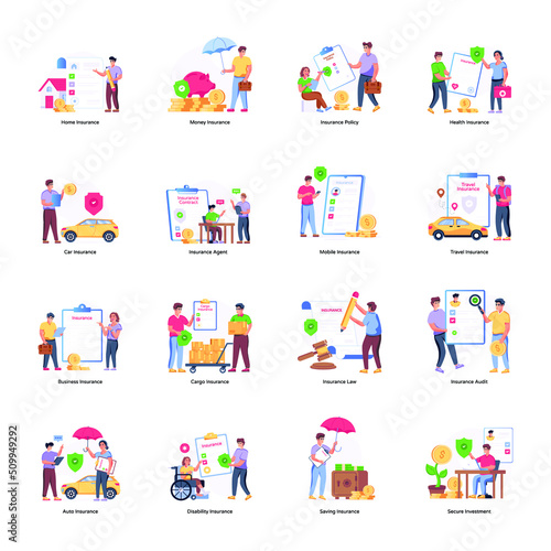Collection of Insurance Policies Flat Illustrations