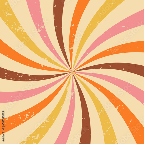 Retro groovy striped background of the 70s style. Abstract colorful rays grunge vintage backdrop. Rainbow swirl burst vector illustration flat style
