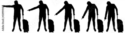 The guy points his finger sideways and down. The character is suitable for smooth motion animation. A large man stands with a suitcase on wheels. Full face. Five black male silhouettes isolated