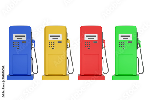 3D rendering of a red, blue, yellow, and green gas pump in the front view. cut apart on a white background Oil dispenser. Fill the bucket. Road trip-clipping path photo