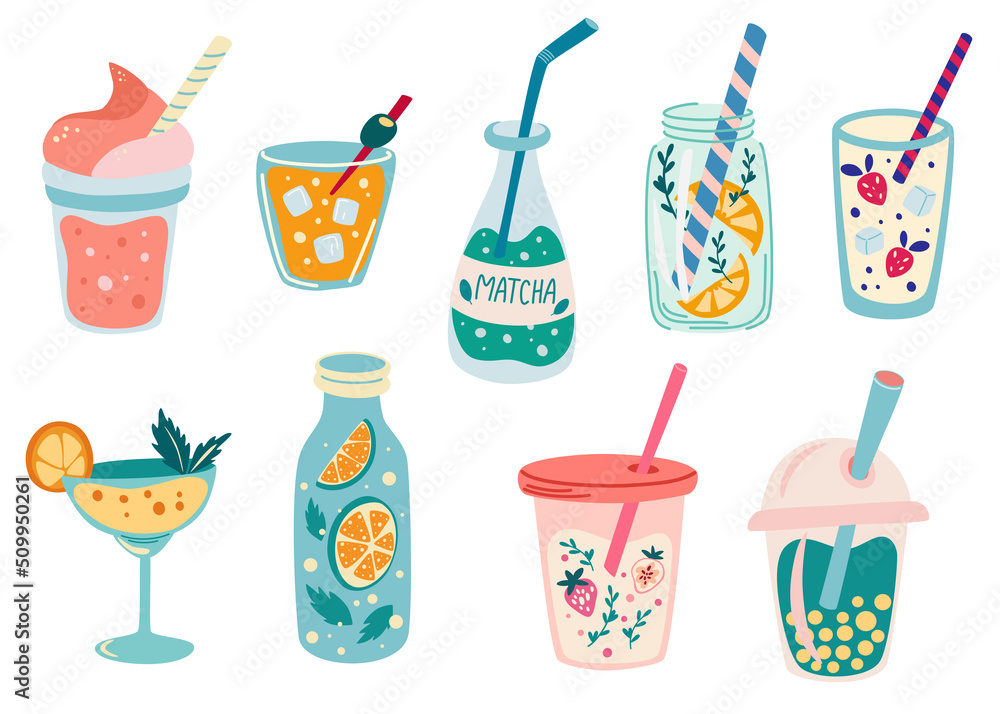 Refreshing summer drinks set. Cold drinks. Soda water, sweet fizzy beverages, fruit cocktails, juices, lemonades in glass and plastic bottles. Flat vector illustrations isolated on white background Refreshing summer drinks set. Cold drinks. Soda water, sweet fizzy beverages, fruit cocktails, juices, lemonades in glass and plastic bottles. Flat vector illustrations isolated on white background
