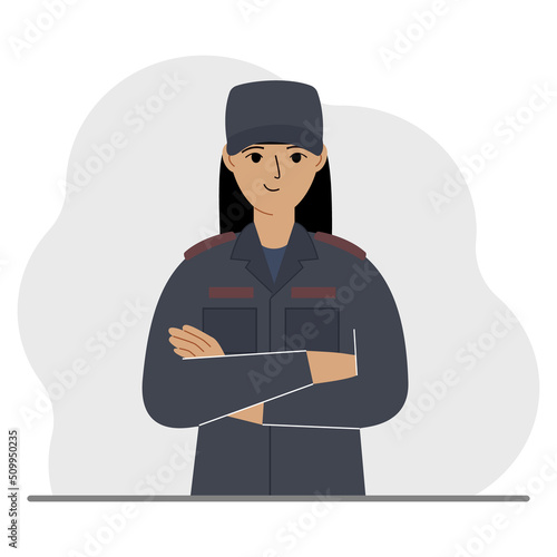 Police woman. Profession policeman, security guard, patrolman in uniform.