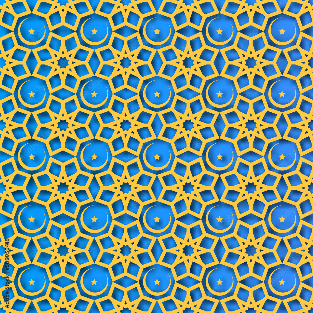 Laser Cut Islamic Seamless Pattern Background In Chrome Yellow And Blue Color. Laser Cut Islamic Seamless Pattern Background In Chrome Yellow And Blue Color.
