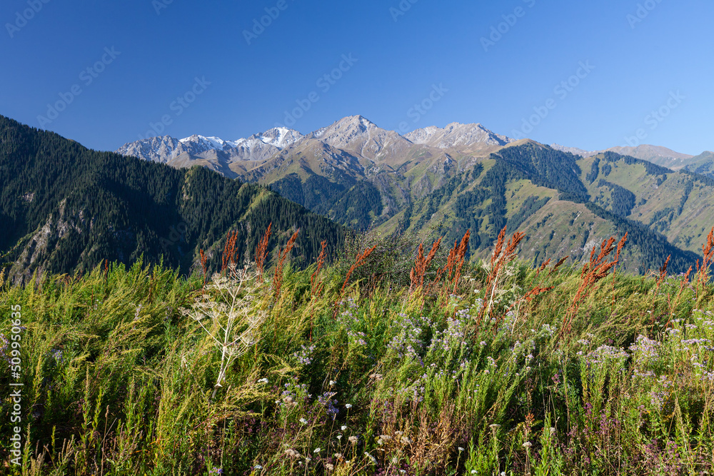 The Zailiyskiy Alatau Mountains in Almaty, Tien Shan mountain system in Kazakhstan. Two Brothers in the background. Big Almaty Gorge