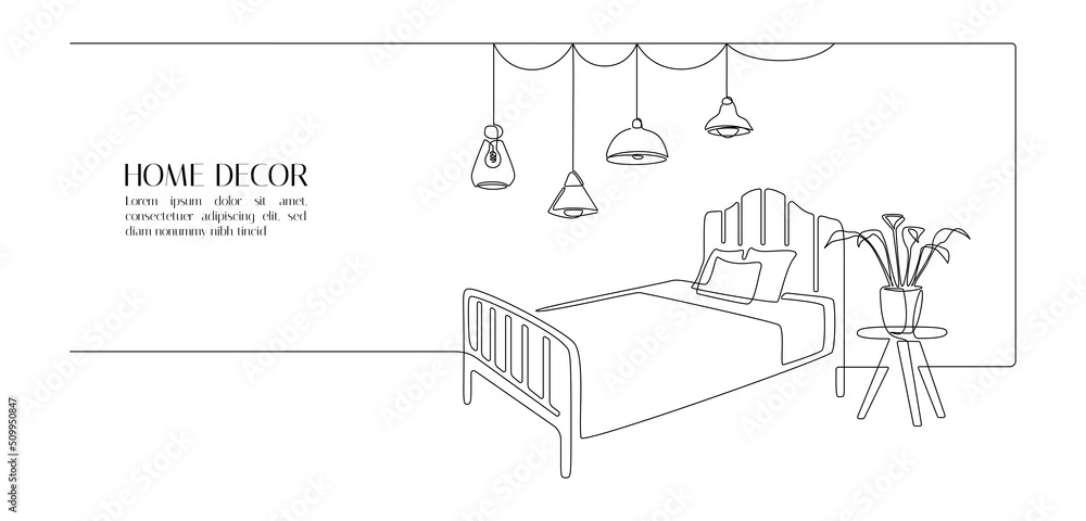 Continuous one line drawing of bed and table with plant and loft lamps. Scandinavian furniture for cozy bedroom in simple linear style. Editable stroke. Doodle vector illustration