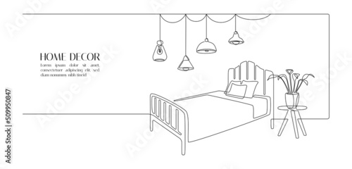 Continuous one line drawing of bed and table with plant and loft lamps. Scandinavian furniture for cozy bedroom in simple linear style. Editable stroke. Doodle vector illustration