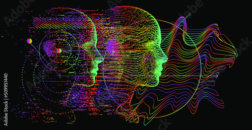 Abstract composition with 3D pixel human head and geometric shapes. Sci-fi futuristic style vector illustration in holographic colors.