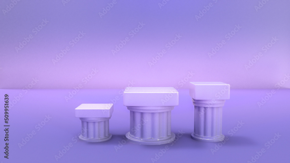 3d rendering of a display stand for a product, abstract purple vaporwave background with three roman columns 3d rendering of a display stand for a product, abstract purple vaporwave background with three roman columns