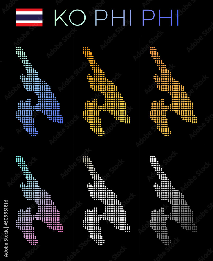 Ko Phi Phi dotted map set. Map of Ko Phi Phi in dotted style. Borders of the island filled with beautiful smooth gradient circles. Vibrant vector illustration. Ko Phi Phi dotted map set. Map of Ko Phi Phi in dotted style. Borders of the island filled with beautiful smooth gradient circles. Vibrant vector illustration.