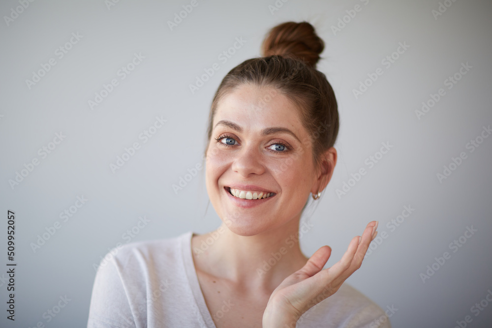 Smiling woman face portrait with hand. Female head shot with shallow depth of field. Smiling woman face portrait with hand. Female head shot with shallow depth of field.