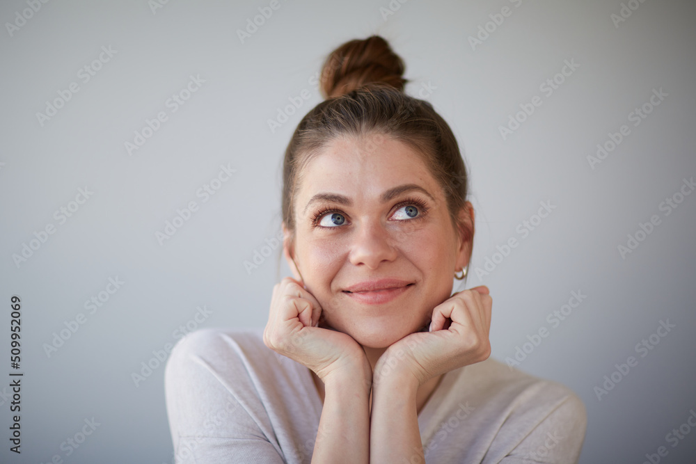 Focused thinking woman close up face portrait. Girl looking away, at side. Female head shot with shallow depth of field. Focused thinking woman close up face portrait. Girl looking away, at side. Female head shot with shallow depth of field.